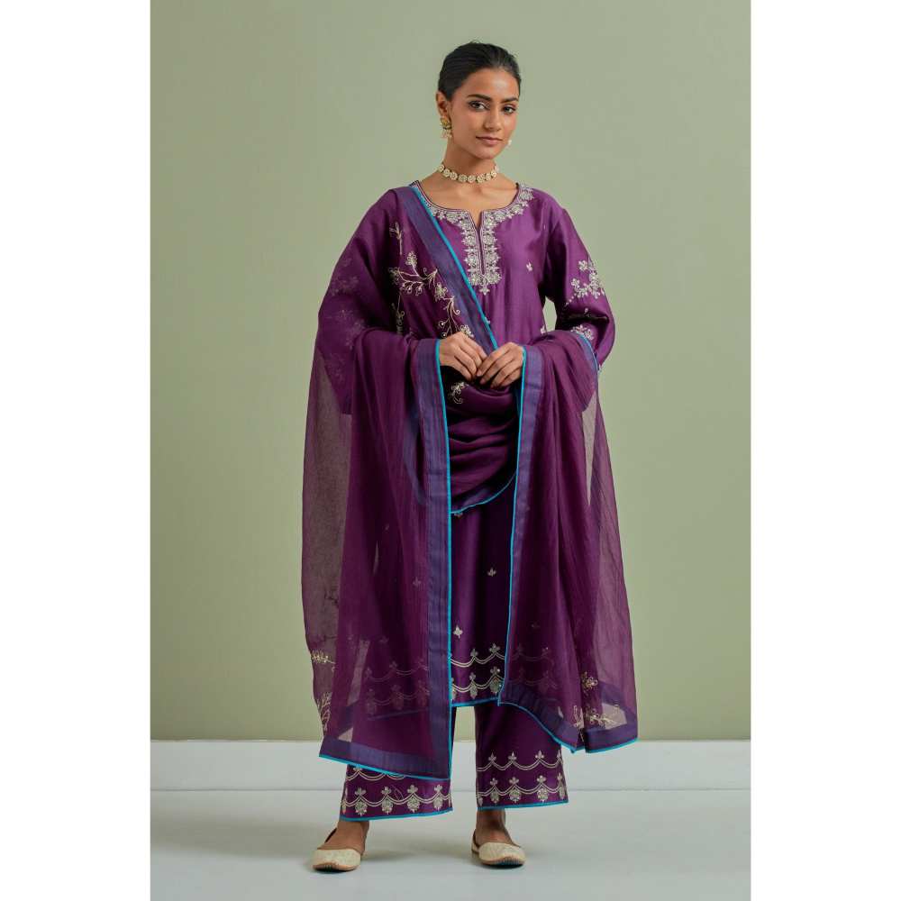 Priya Chaudhary Purple Embroidered Chanderi Silk Kurta Palazzo and Dupatta (Set of 3)