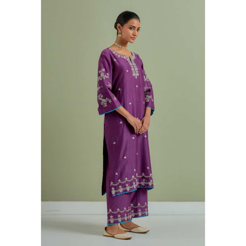 Priya Chaudhary Purple Embroidered Chanderi Silk Kurta Palazzo and Dupatta (Set of 3)
