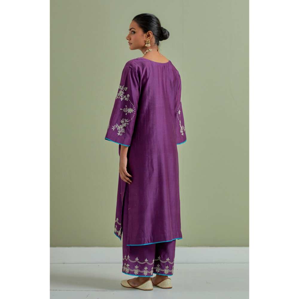 Priya Chaudhary Purple Embroidered Chanderi Silk Kurta Palazzo and Dupatta (Set of 3)