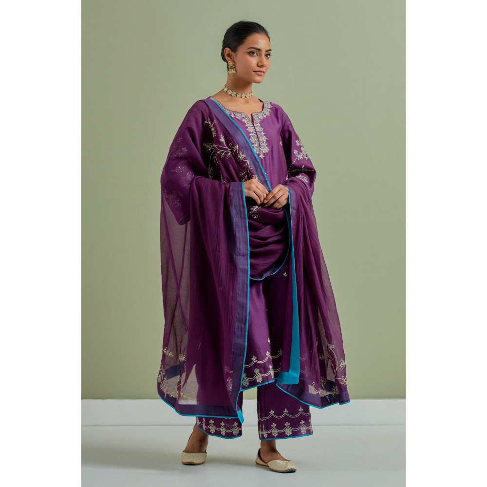 Priya Chaudhary Purple Embroidered Chanderi Silk Kurta Palazzo and Dupatta (Set of 3)