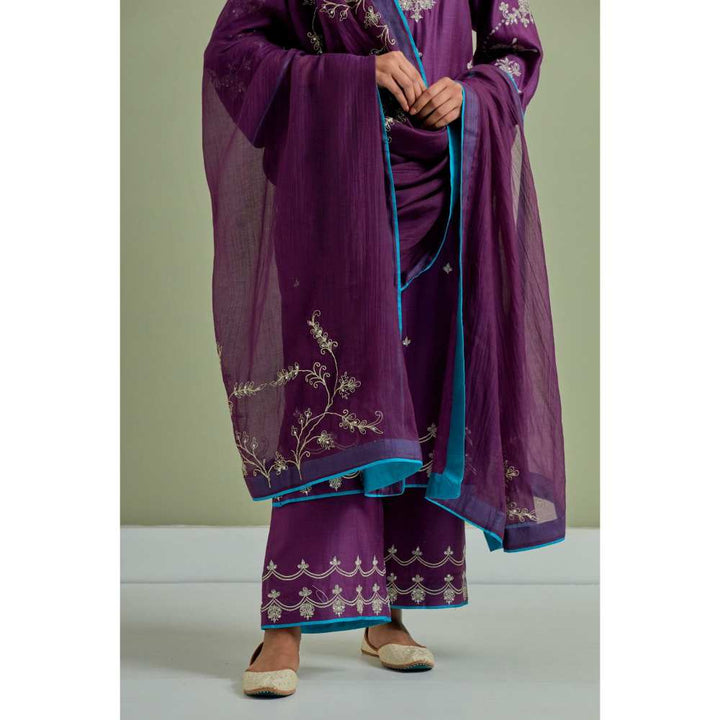Priya Chaudhary Purple Embroidered Chanderi Silk Kurta Palazzo and Dupatta (Set of 3)