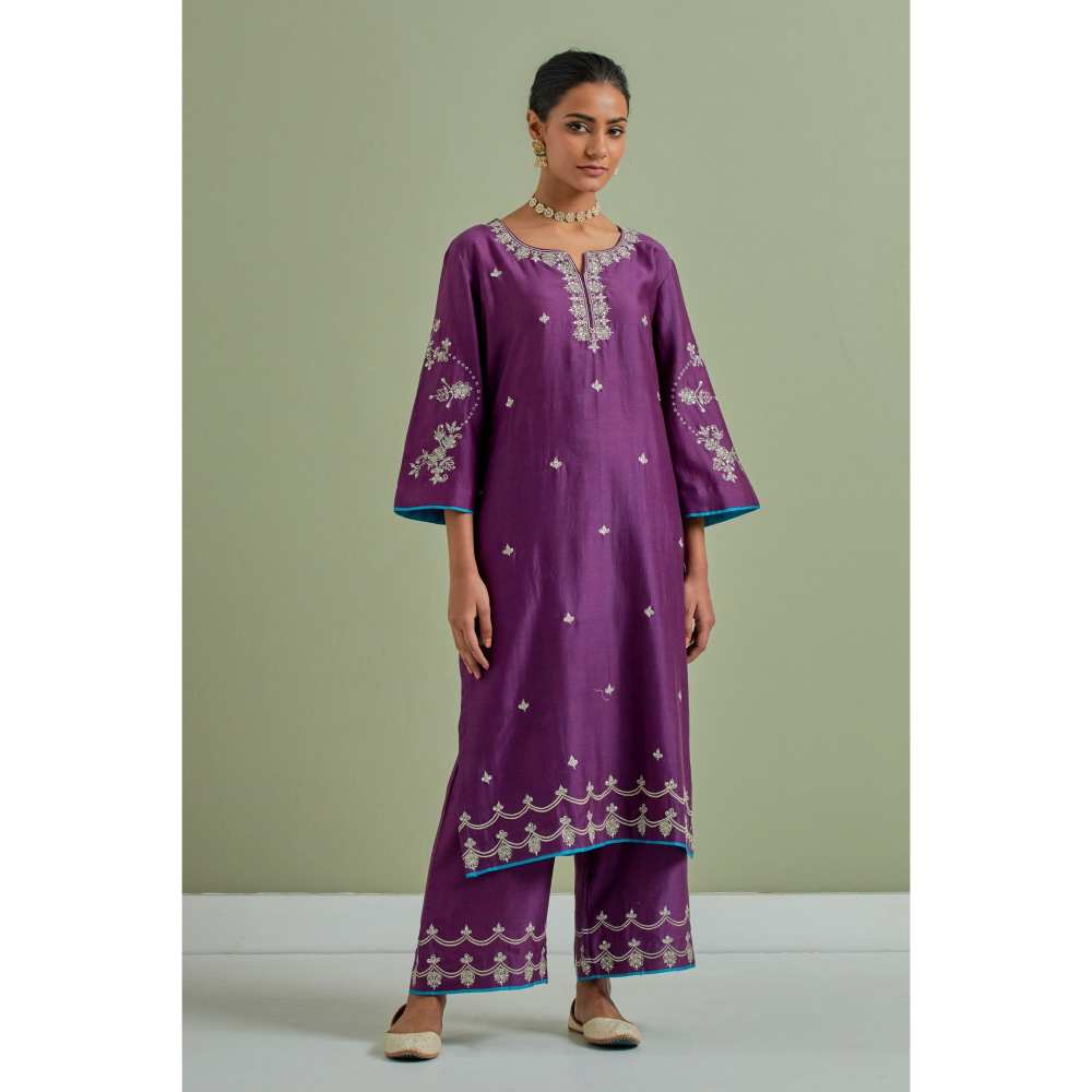 Priya Chaudhary Purple Embroidered Chanderi Silk Kurta with Palazzo (Set of 2)