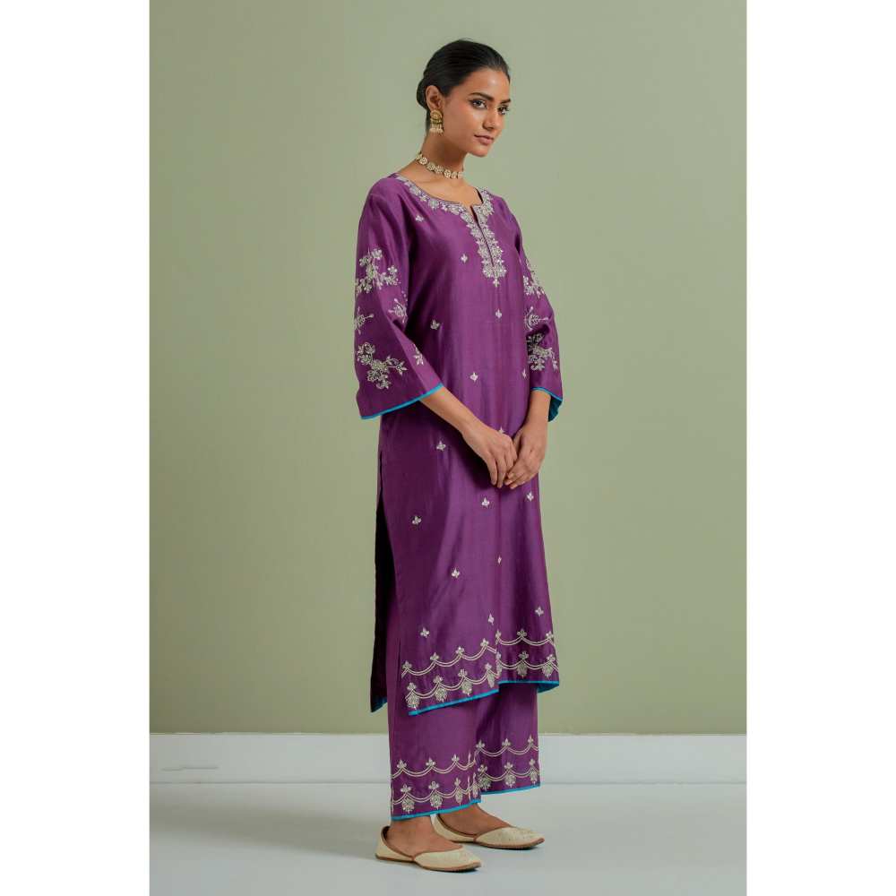 Priya Chaudhary Purple Embroidered Chanderi Silk Kurta with Palazzo (Set of 2)