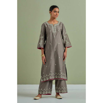 Priya Chaudhary Grey Embroidered Chanderi Silk Kurta with Palazzo (Set of 2)
