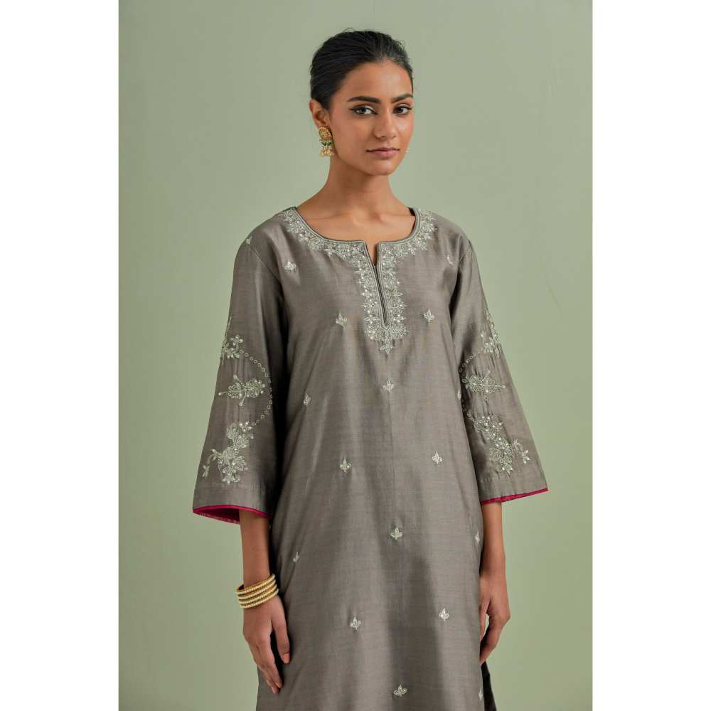 Priya Chaudhary Grey Embroidered Chanderi Silk Kurta with Palazzo (Set of 2)