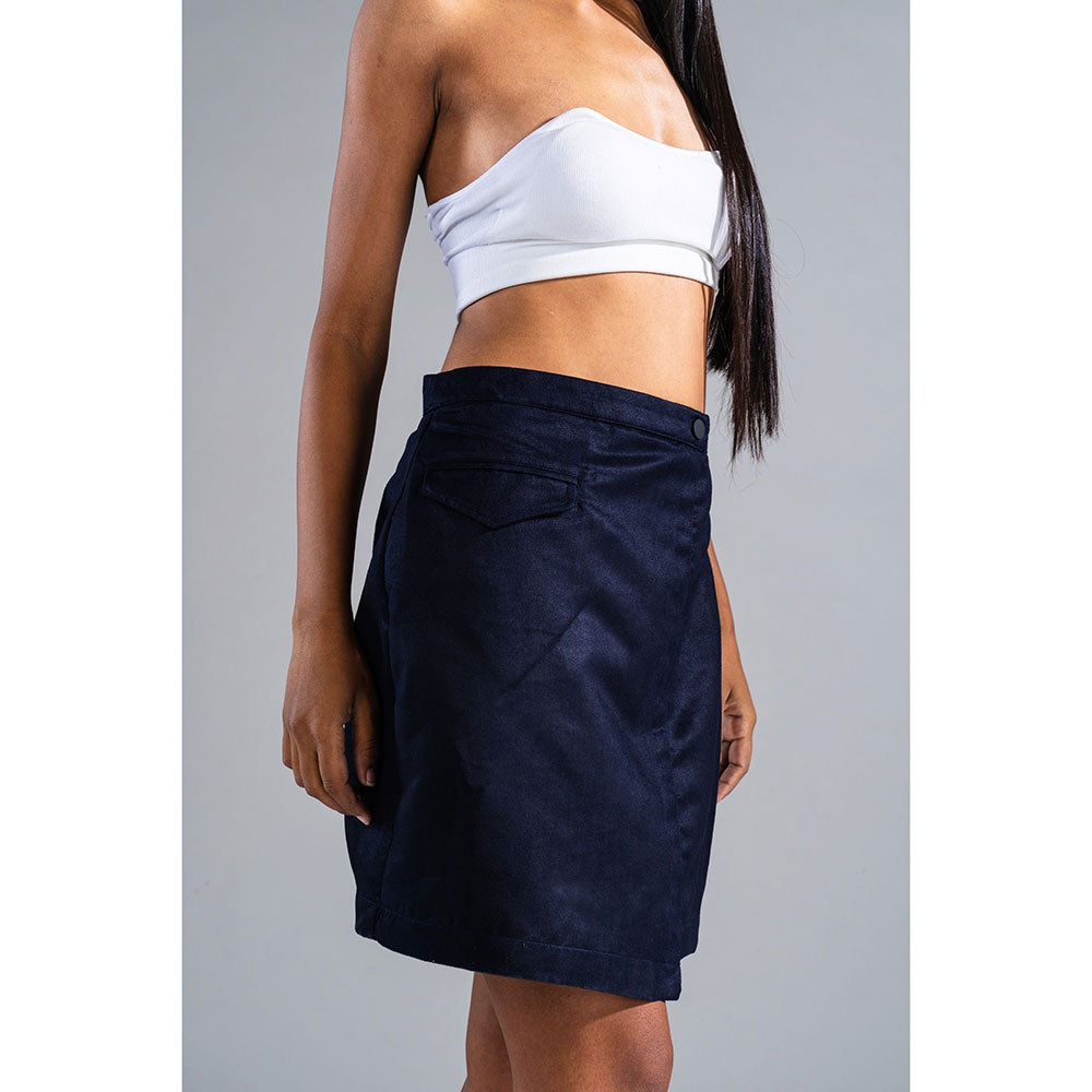 PRIMAL GRAY Navy Recycled Polyester Suede Asymmetrical Short Skirt