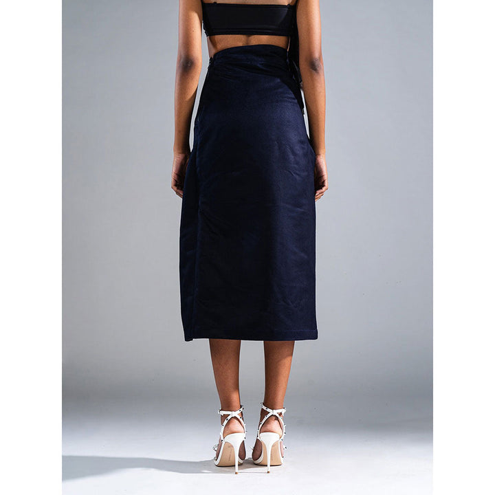 PRIMAL GRAY Navy Recycled Polyester Suede Asymmetrical Wrap Skirt
