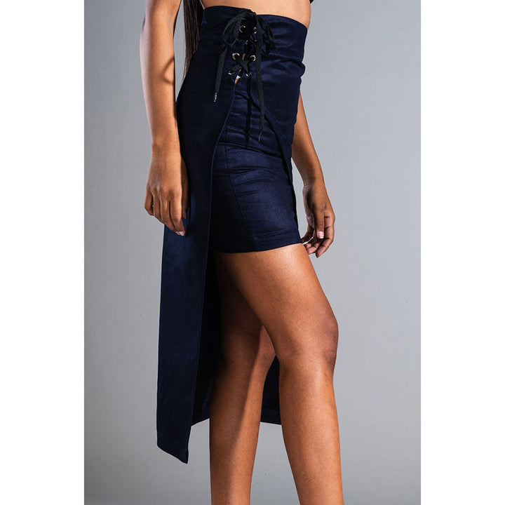 PRIMAL GRAY Navy Recycled Polyester Suede Asymmetrical Wrap Skirt