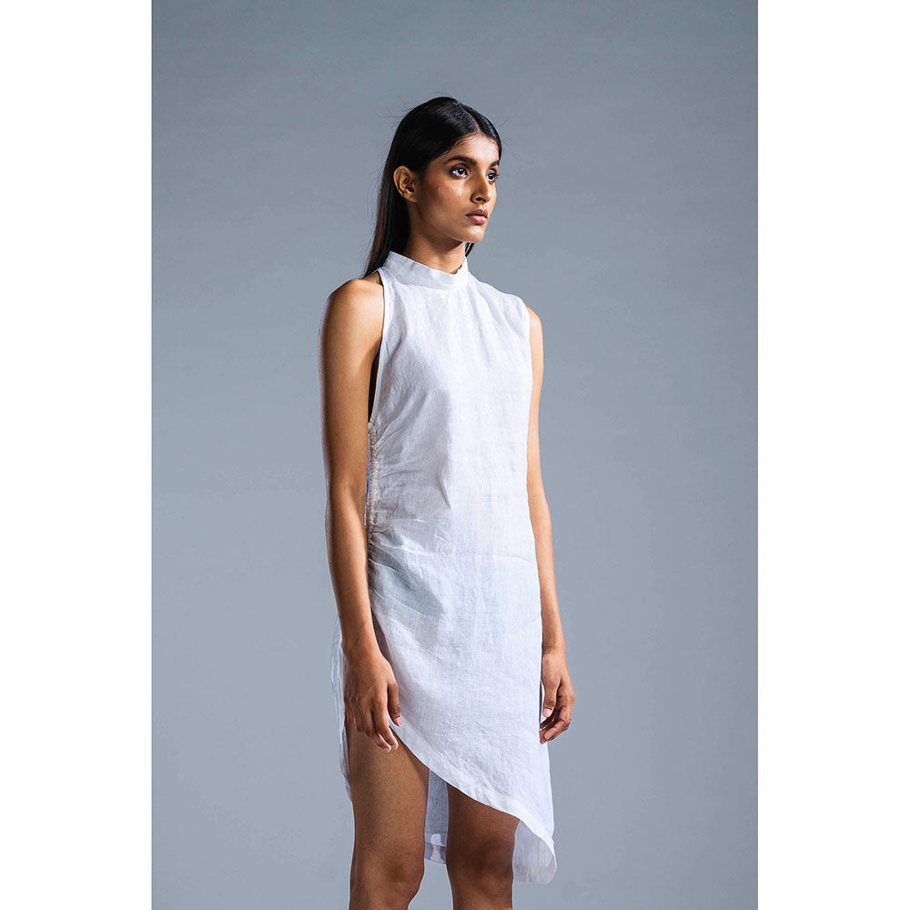 White Organic Linen Draped Slit Dress