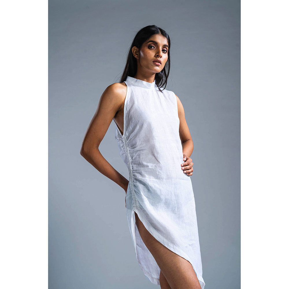 White Organic Linen Draped Slit Dress