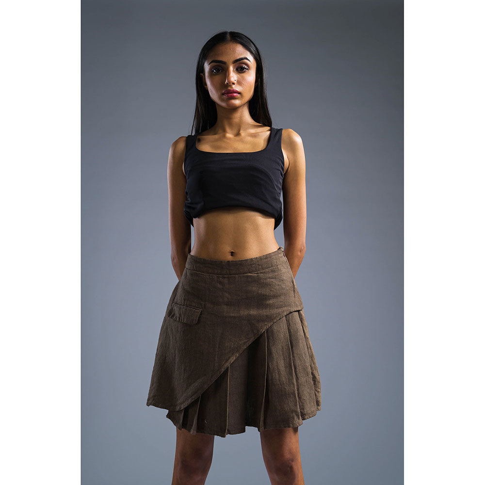 PRIMAL GRAY Brown Organic Linen Pleated Skirt
