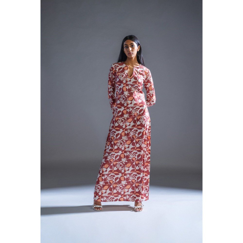 PRIMAL GRAY Multi Floral Print Tile B Crepe Full Length Dress