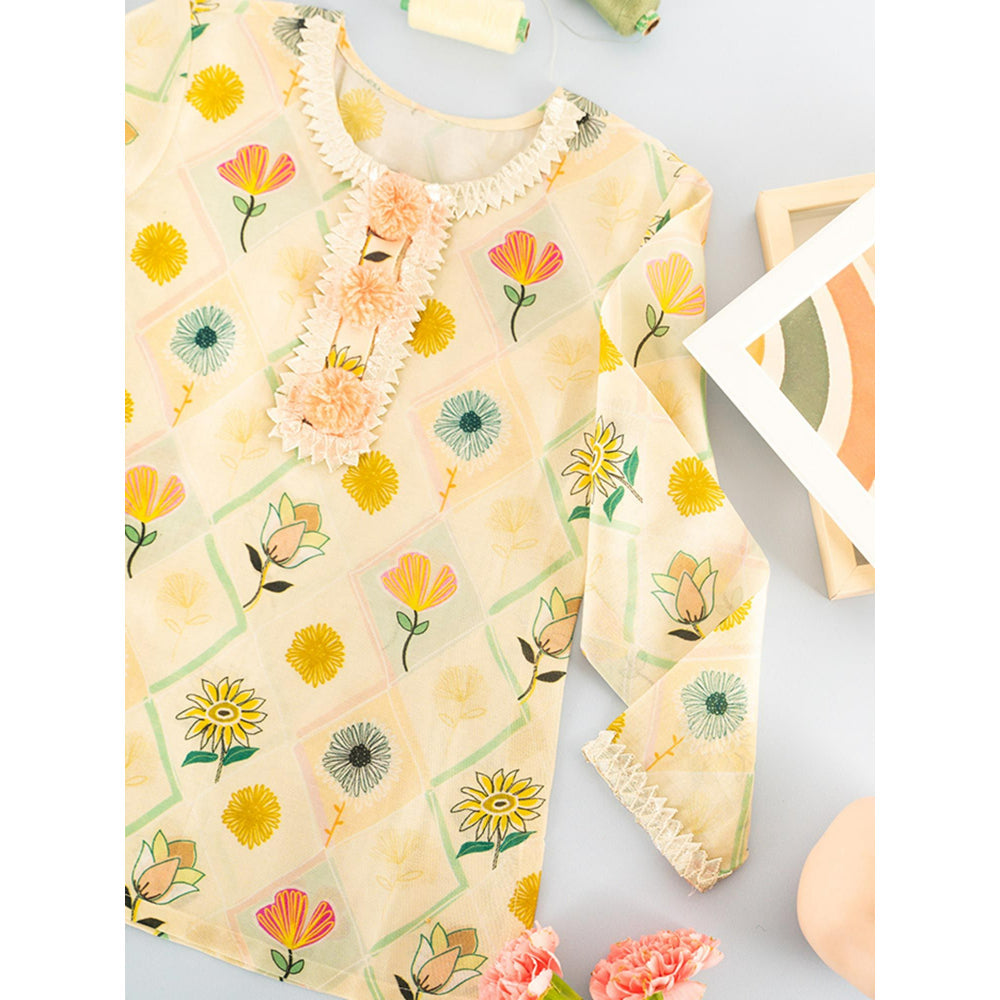 PS Kids by Payal Singhal Cream Printed Silkmul Tunic For Kids Girls