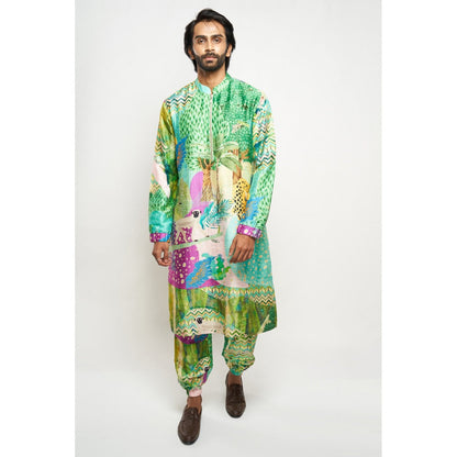 PS Men by Payal Singhal Alan Kuno Print Dupion Silk Bomber Kurta with Jogger Pants (Set of 2)