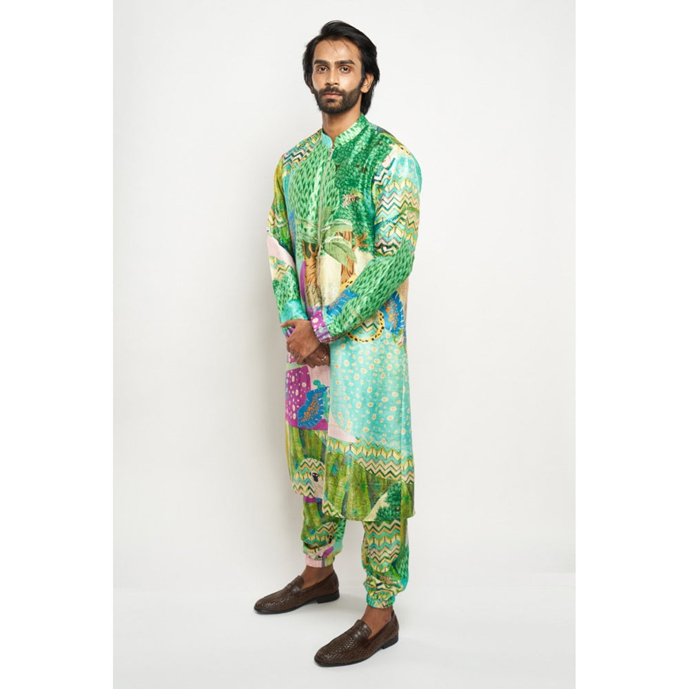 PS Men by Payal Singhal Alan Kuno Print Dupion Silk Bomber Kurta with Jogger Pants (Set of 2)