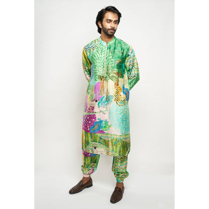 PS Men by Payal Singhal Alan Kuno Print Dupion Silk Bomber Kurta with Jogger Pants (Set of 2)