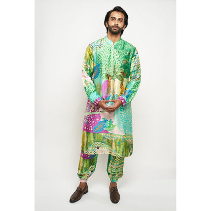 PS Men by Payal Singhal Alan Kuno Print Dupion Silk Bomber Kurta with Jogger Pants (Set of 2)