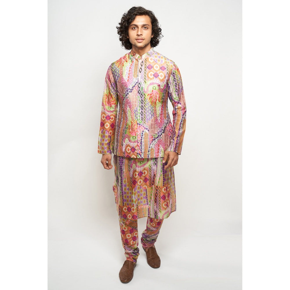 PS Men by Payal Singhal Faiz African Multi Colour Dupion Silk Bandi Kurta & Churidar (Set of 3)