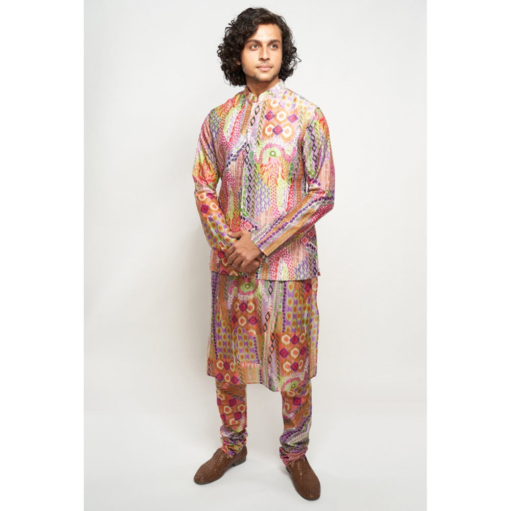 PS Men by Payal Singhal Faiz African Multi Colour Dupion Silk Bandi Kurta & Churidar (Set of 3)