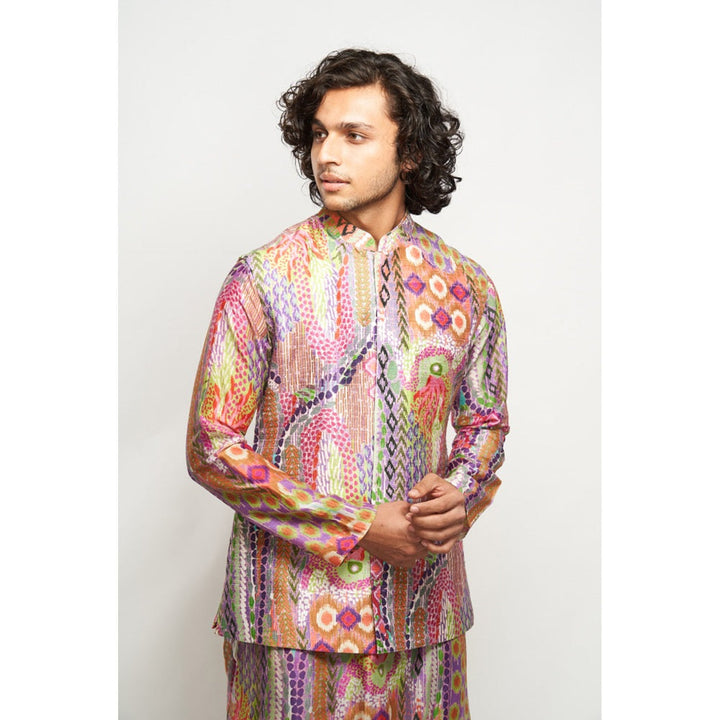 Ps Men By Payal Singhal Faiz African Multi Colour Dupion Silk Bandi Kurta & Churidar (Set Of 3)