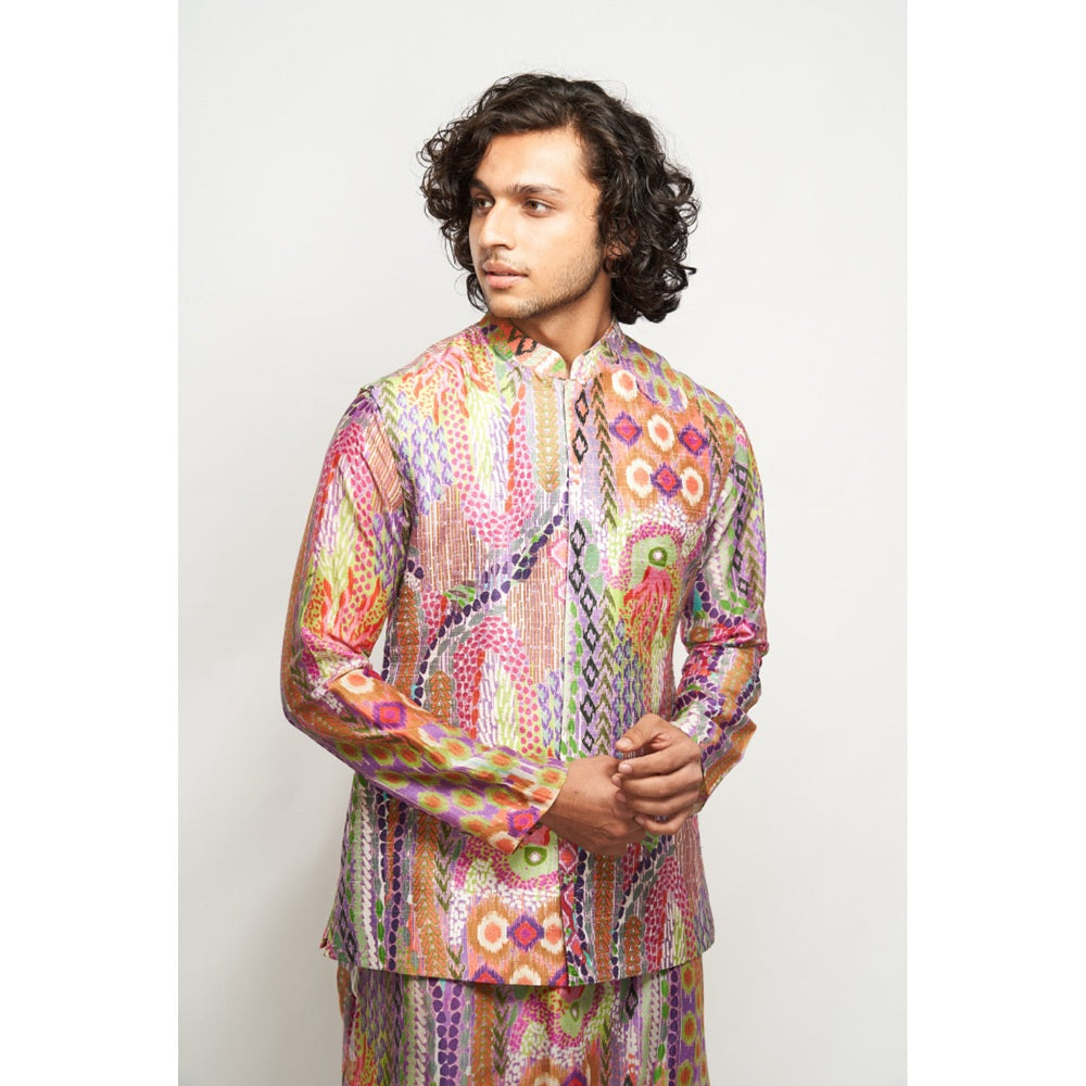PS Men by Payal Singhal Faiz African Multi Colour Dupion Silk Bandi Kurta & Churidar (Set of 3)