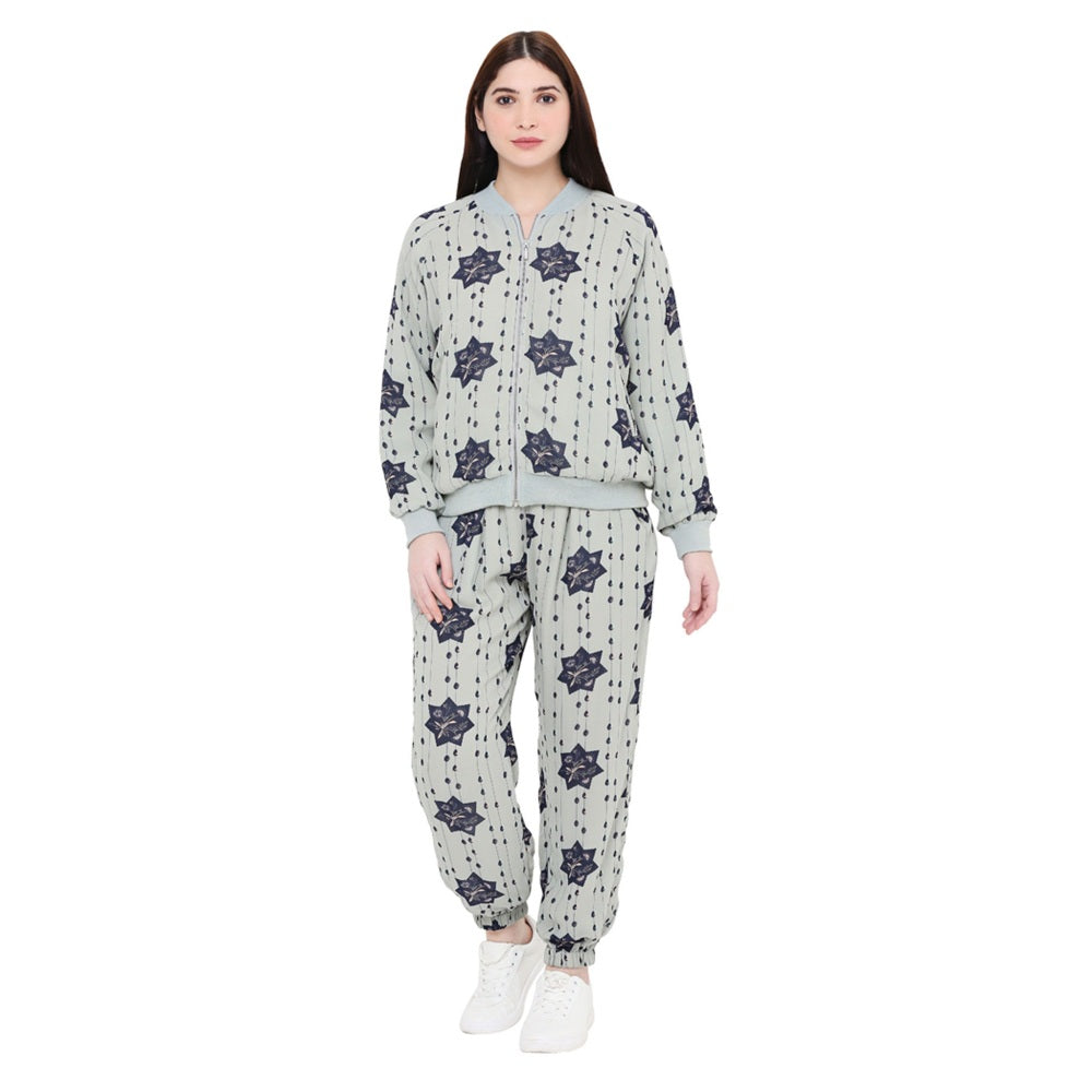 Ps Pret By Payal Singhal Grey Printed Art Georgette Bomber Jacket & Joggers Pant (Set Of 2)