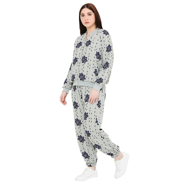 Ps Pret By Payal Singhal Grey Printed Art Georgette Bomber Jacket & Joggers Pant (Set Of 2)