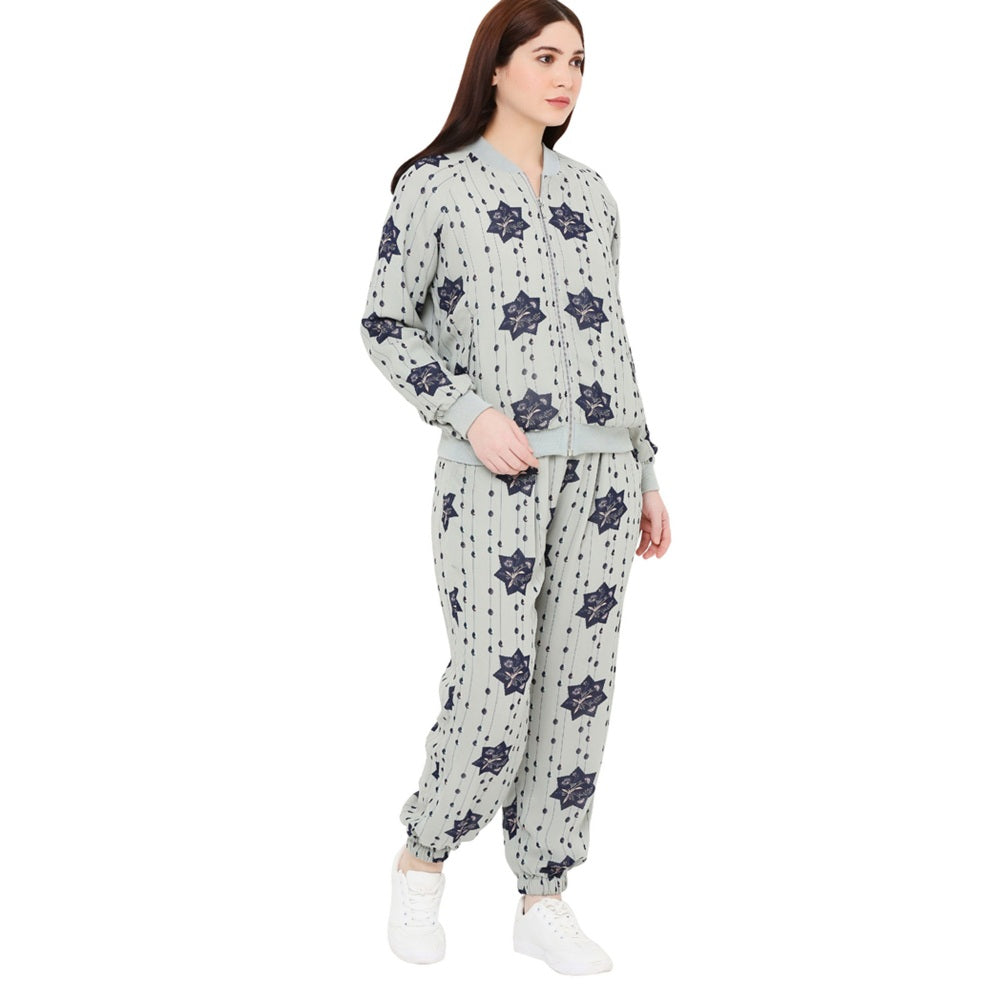 PS Pret by Payal Singhal Grey Printed Art Georgette Bomber Jacket For Women (Set of 2)