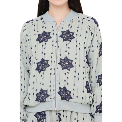 PS Pret by Payal Singhal Grey Printed Art Georgette Bomber Jacket For Women (Set of 2)