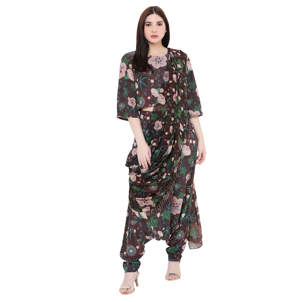 PS Pret by Payal Singhal Brown Crop Top And Low Crotch Pant With Printed Drape (Set of 2)