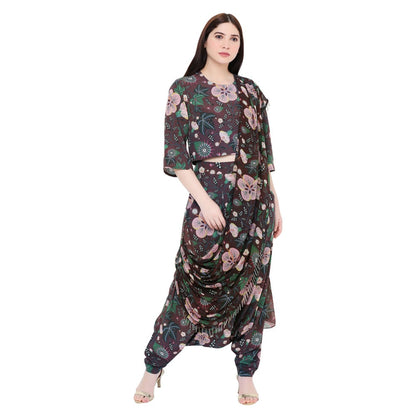 PS Pret by Payal Singhal Brown Crop Top And Low Crotch Pant With Printed Drape (Set of 2)