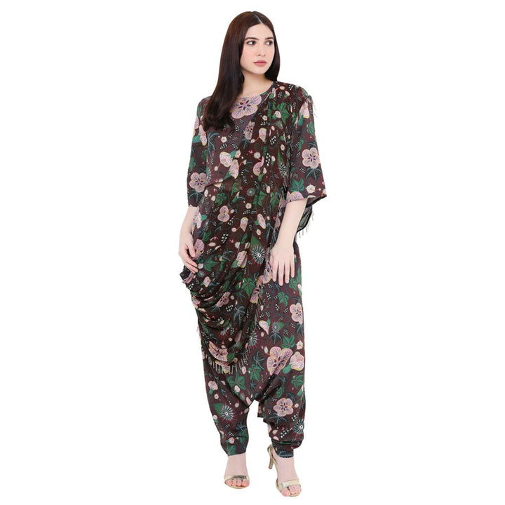 Ps Pret By Payal Singhal Brown Crop Top And Low Crotch Pant With Printed Drape (Set Of 2)