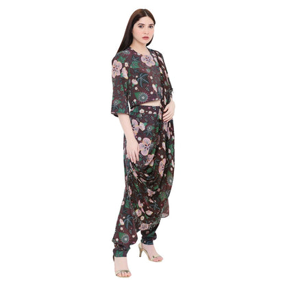 PS Pret by Payal Singhal Brown Crop Top And Low Crotch Pant With Printed Drape (Set of 2)