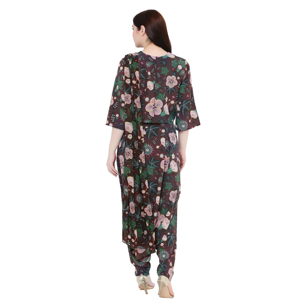 PS Pret by Payal Singhal Brown Crop Top And Low Crotch Pant With Printed Drape (Set of 2)