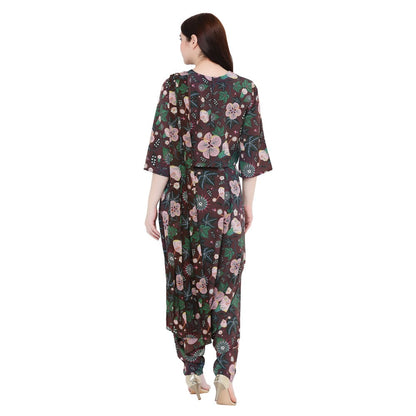 PS Pret by Payal Singhal Brown Crop Top And Low Crotch Pant With Printed Drape (Set of 2)