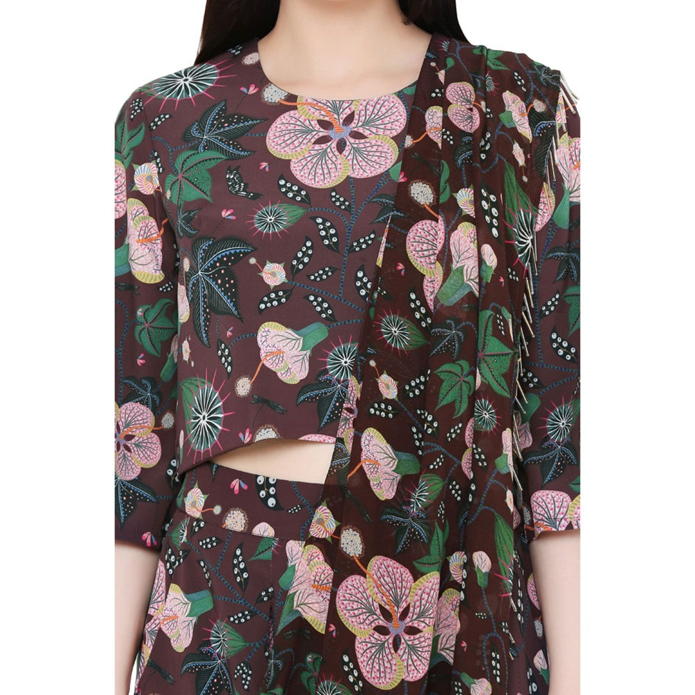 PS Pret by Payal Singhal Brown Crop Top And Low Crotch Pant With Printed Drape (Set of 2)
