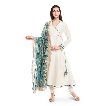 PS Pret by Payal Singhal Cream Silkmul Printed Anarkali & Net Churidar and Dupatta (Set of 3)