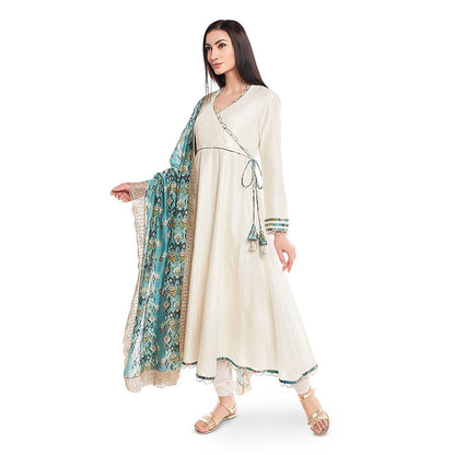 PS Pret by Payal Singhal Cream Silkmul Printed Anarkali & Net Churidar and Dupatta (Set of 3)