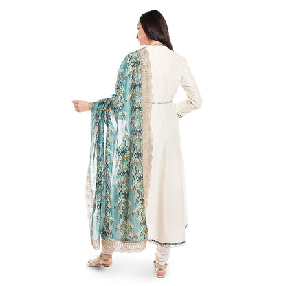 PS Pret by Payal Singhal Cream Silkmul Printed Anarkali & Net Churidar and Dupatta (Set of 3)