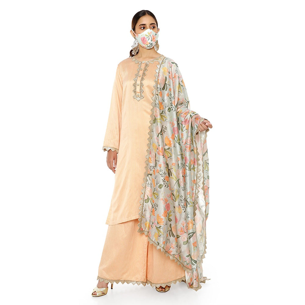 PS Pret by Payal Singhal Chanderi Stripe Kurta & Palazzo and Dupatta 3 Ply Mask (Set of 4)