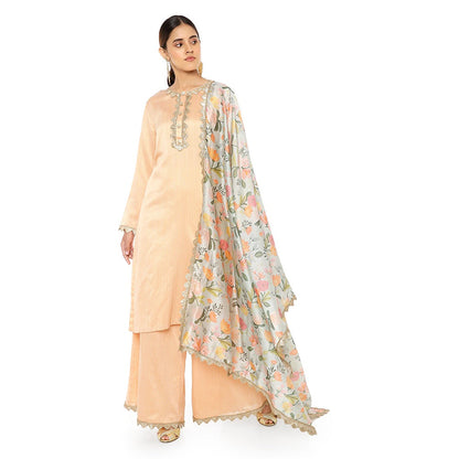 PS Pret by Payal Singhal Chanderi Stripe Kurta & Palazzo and Dupatta 3 Ply Mask (Set of 4)