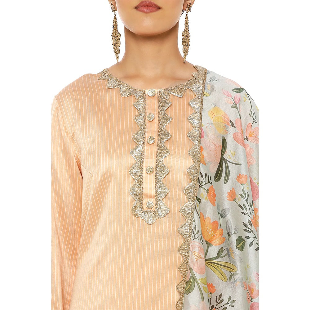 PS Pret by Payal Singhal Chanderi Stripe Kurta & Palazzo and Dupatta 3 Ply Mask (Set of 4)