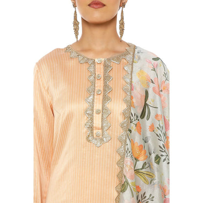 PS Pret by Payal Singhal Chanderi Stripe Kurta & Palazzo and Dupatta 3 Ply Mask (Set of 4)