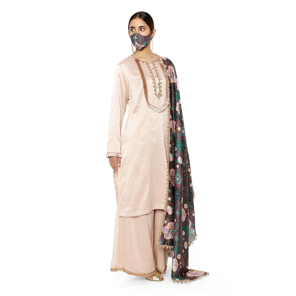 PS Pret by Payal Singhal Chanderi Stripe Kurta with Palazzo and Dupatta & 3 Ply Mask (Set of 4)