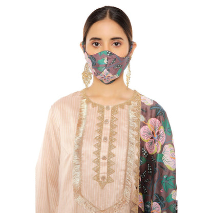 PS Pret by Payal Singhal Chanderi Stripe Kurta with Palazzo and Dupatta & 3 Ply Mask (Set of 4)