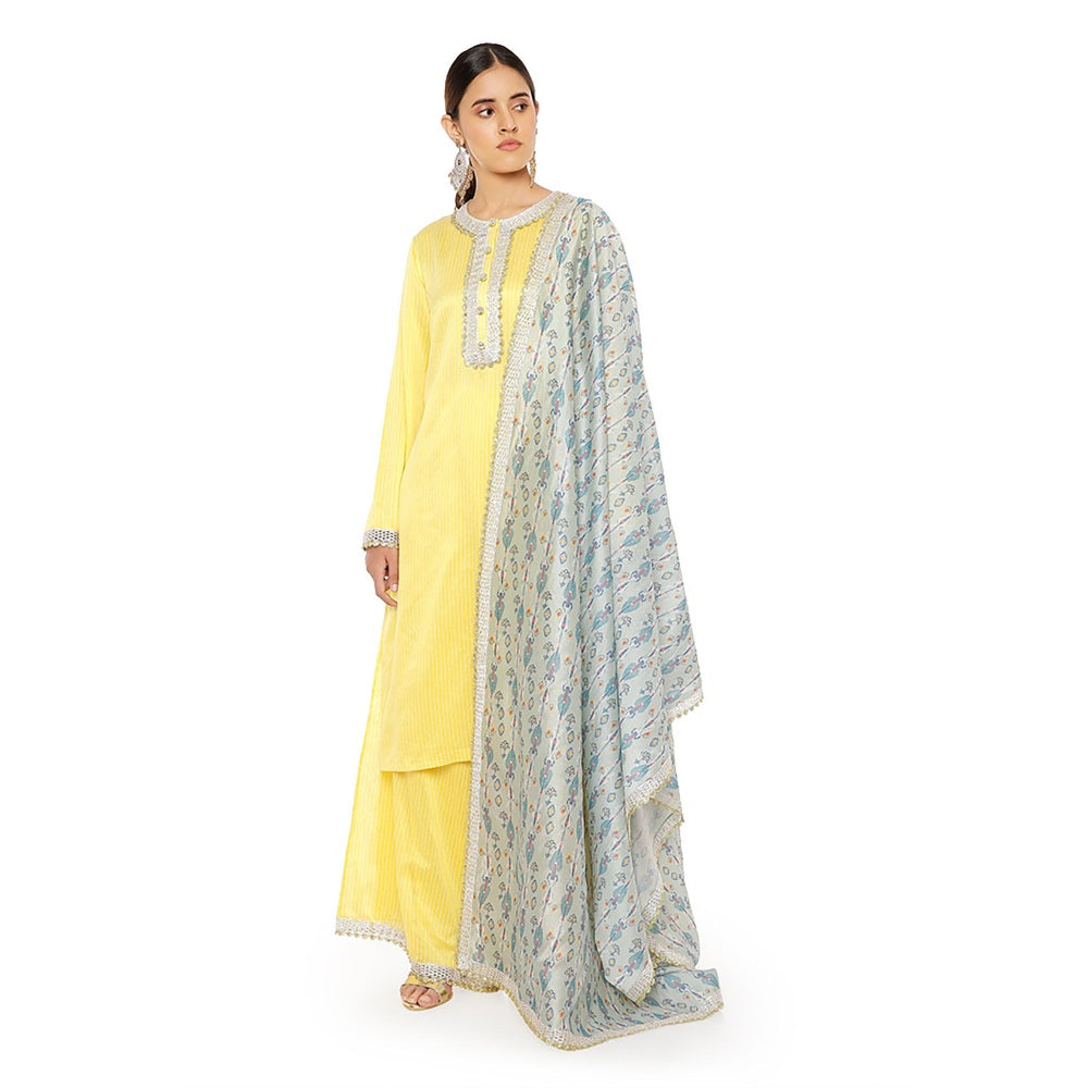 PS Pret by Payal Singhal Chanderi Stripe Kurta with Palazzo and Dupatta & 3 Ply Mask (Set of 4)