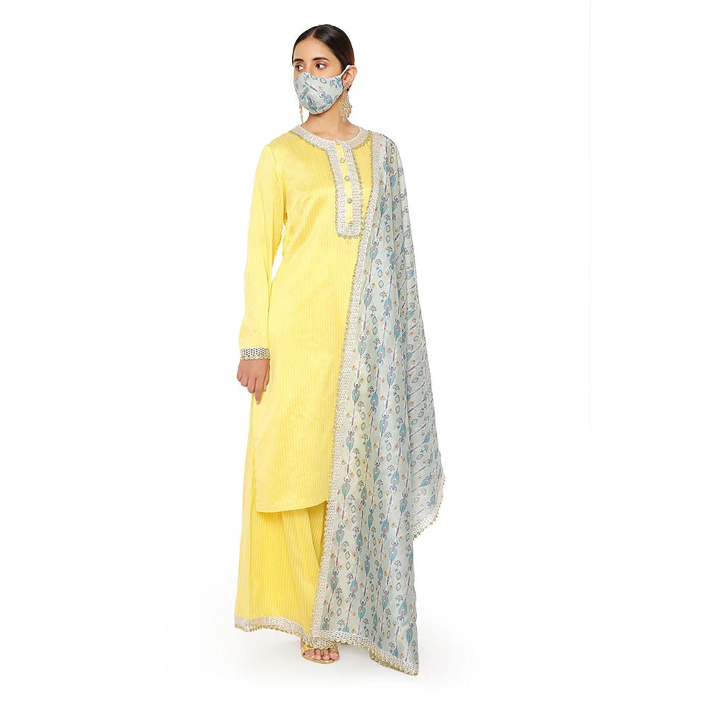 PS Pret by Payal Singhal Chanderi Stripe Kurta with Palazzo and Dupatta & 3 Ply Mask (Set of 4)