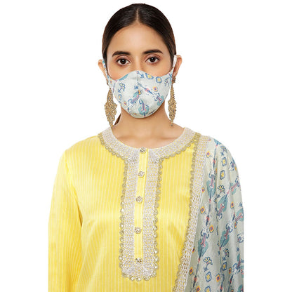 PS Pret by Payal Singhal Chanderi Stripe Kurta with Palazzo and Dupatta & 3 Ply Mask (Set of 4)