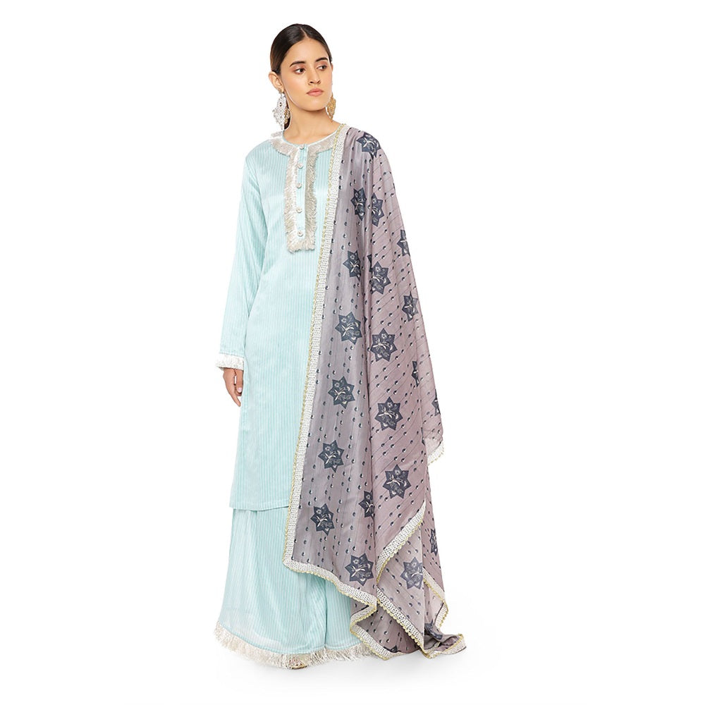 PS Pret by Payal Singhal Chanderi Stripe Kurta with Palazzo and Dupatta & 3 Ply Mask (Set of 4)