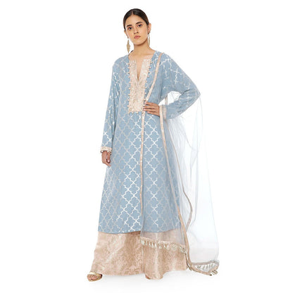 PS Pret by Payal Singhal Banarasi Silk Kurta with Palazzo and Dupatta & 3 Ply Mask (Set of 4)